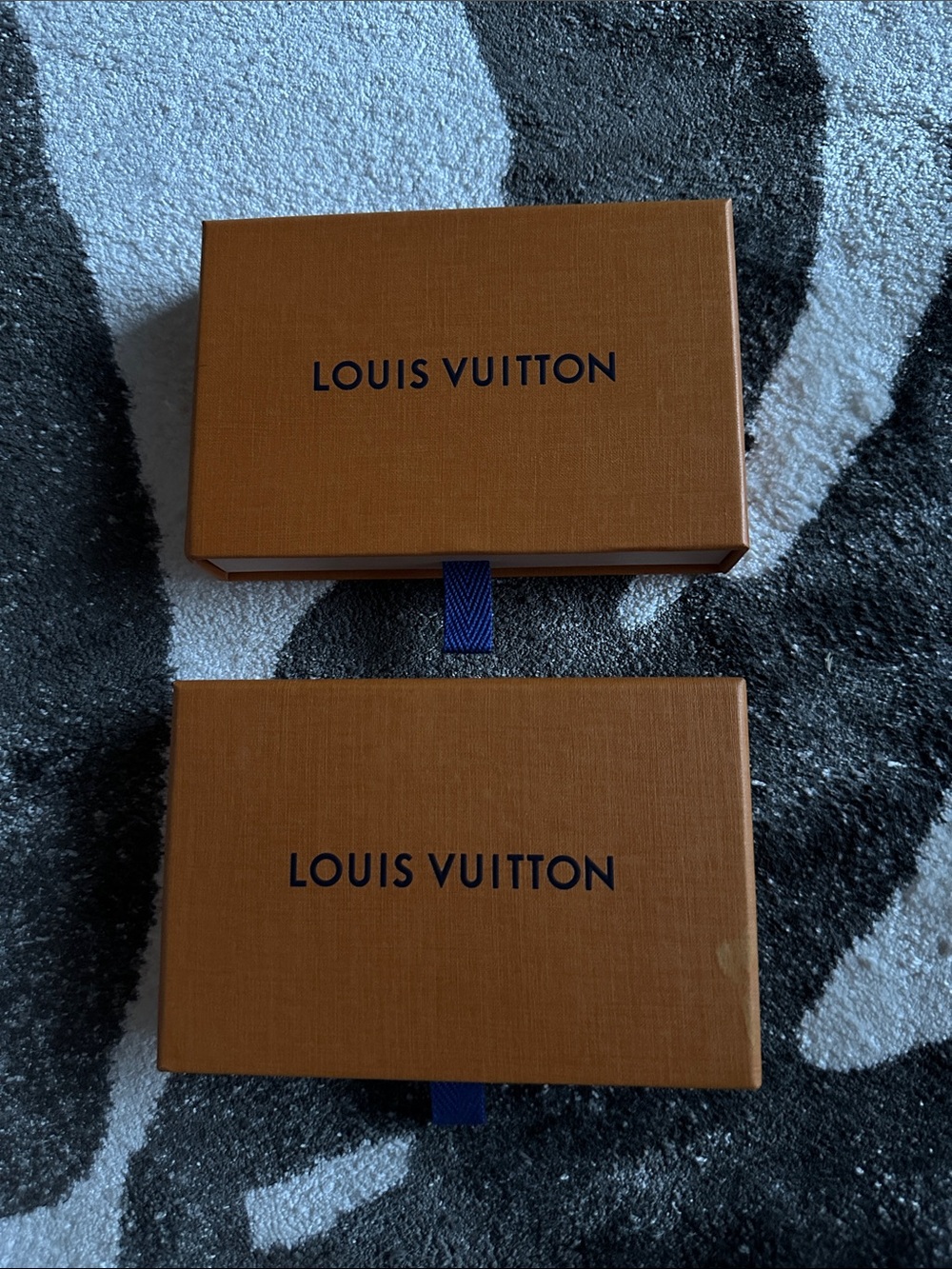 2 Louis Vuitton Boxes with Blue Ribbon Accents, 5.5” x 4.5”x 1”